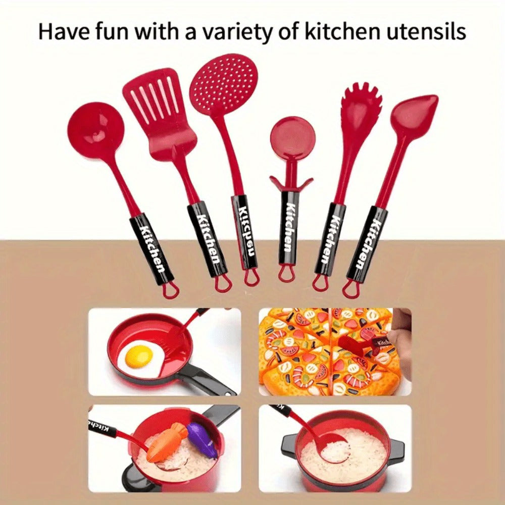 Kids Pretend Play Kitchen Set 51 Pcs – Cookware Tableware & Play Food Toddler Kitchen Toy for Boys & Girls Ages 3+ – STEM Learning Role Play Cooking Gift for Birthday Christmas Holiday Red