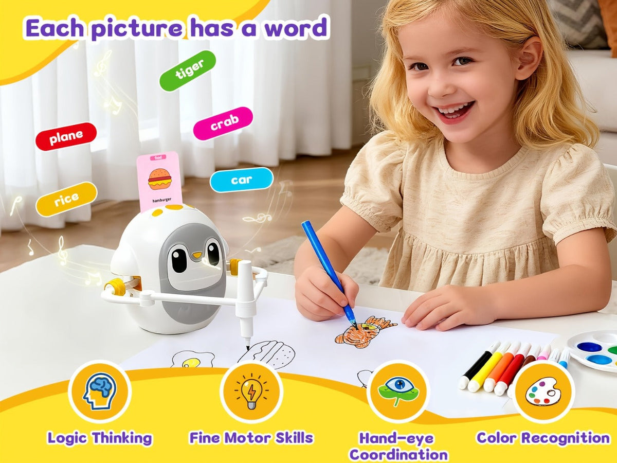 Drawing Robot for Kids Penguin, 200 Learning Cards & 12 Color Pens, STEM Art Educational Toy, Screen-Free Interactive Drawing Game, Step-by-Step Lessons for Boys & Girls Ages 3+, USB Charging, Birthday Gift