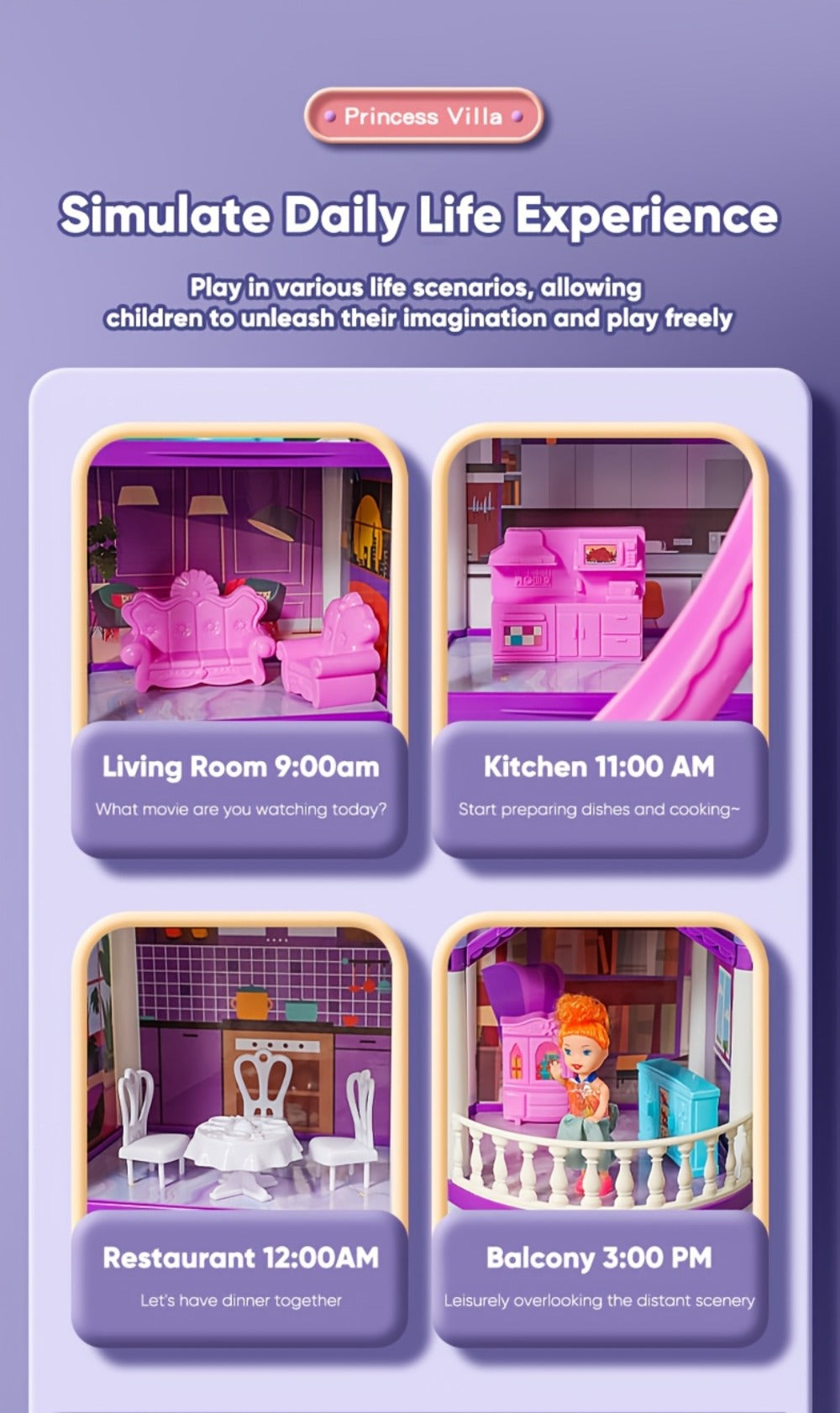 Purple LED Dollhouse Playset with 6 to 16 Room Options and Furniture