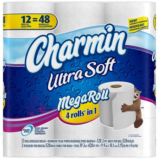 Toilet Paper, Charmin Ultra Soft, 12 Mega Rolls, 2-Ply and Unscented