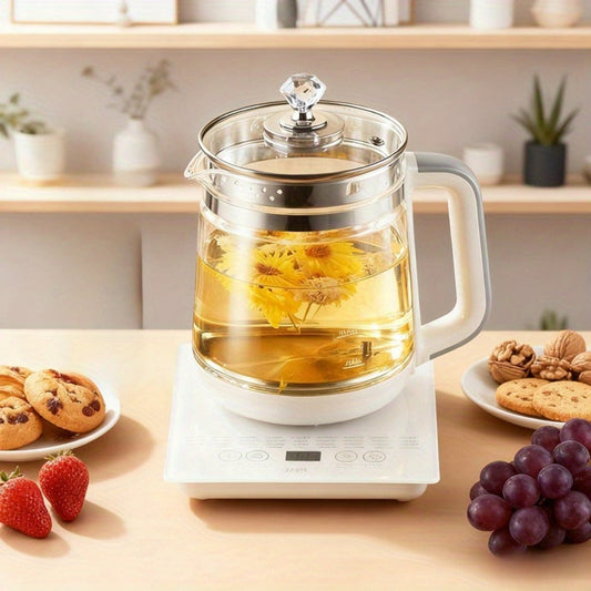 Multifunction Electric Glass Kettle, 1.8L, 18 Presets with Removable Filter, White