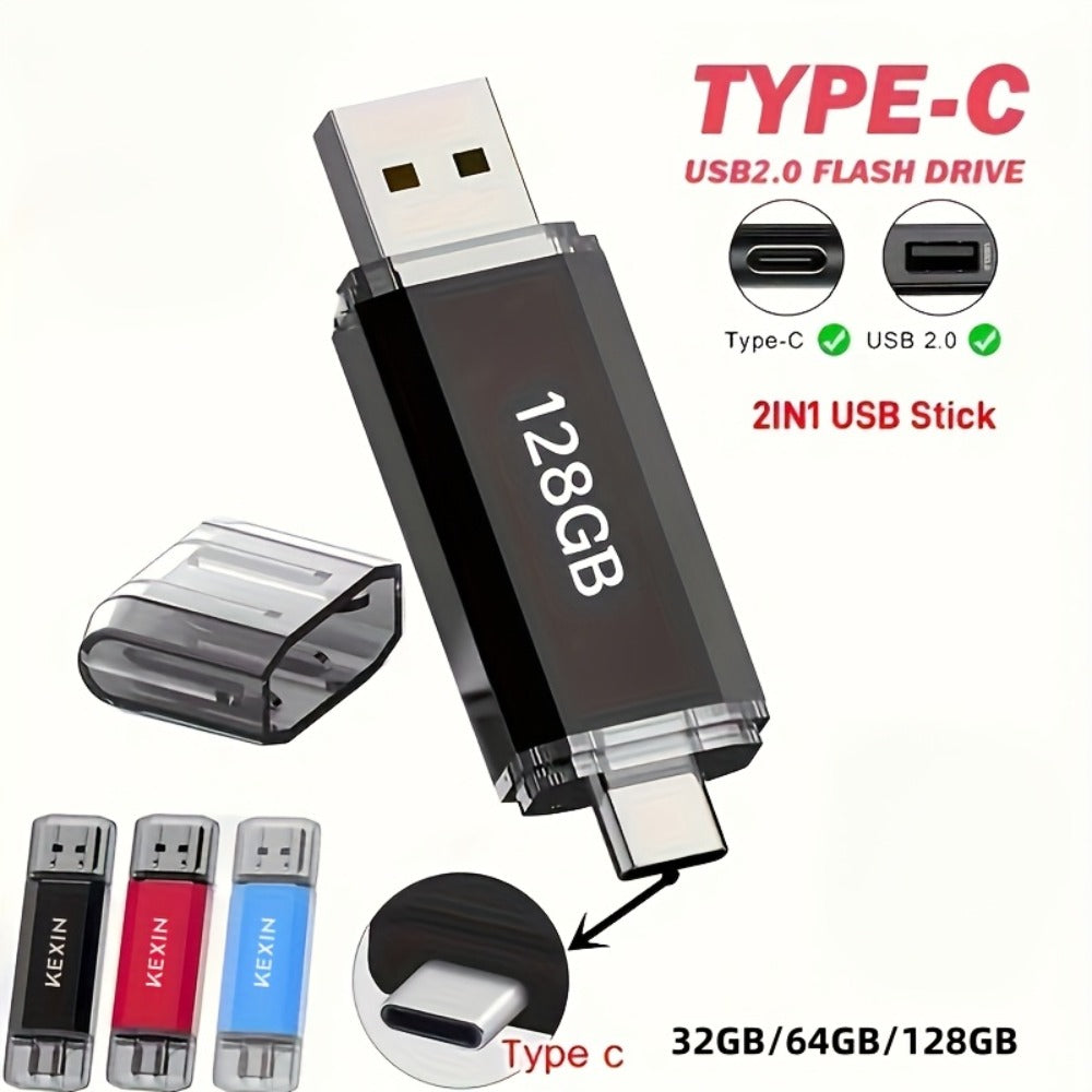 2-in-1 USB Type-C Flash Drive Rotatable Memory Stick for iPhone Android PC – Dual Connector OTG Thumb Drive 32GB 64GB 128GB Compatible with Phones Tablets Computers