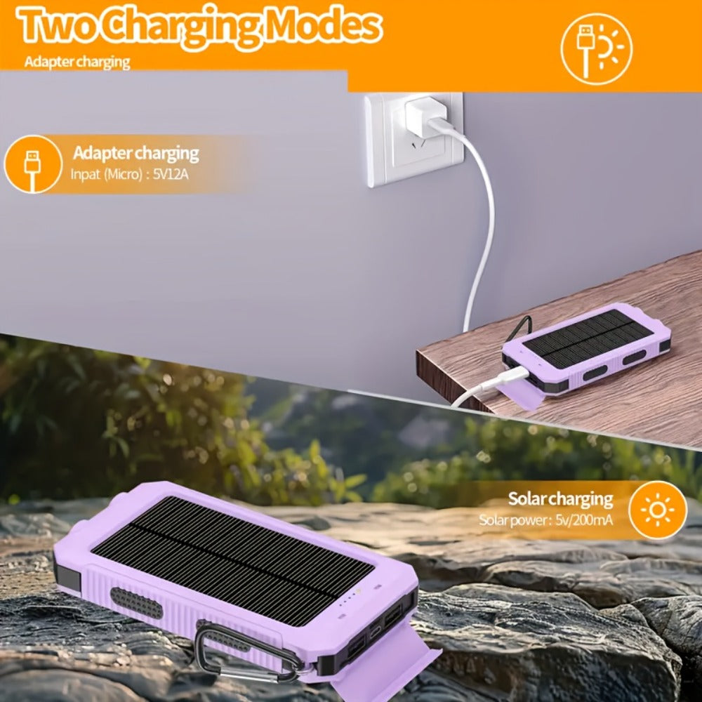 Hiking Solar Power Bank 10000mAh with Compass LED Flashlight & Carabiner Clip – Portable USB Charger for Camping Backpacking Travel Emergency Prep – Works with All Phones, Data Cable & Backpack Hook Included