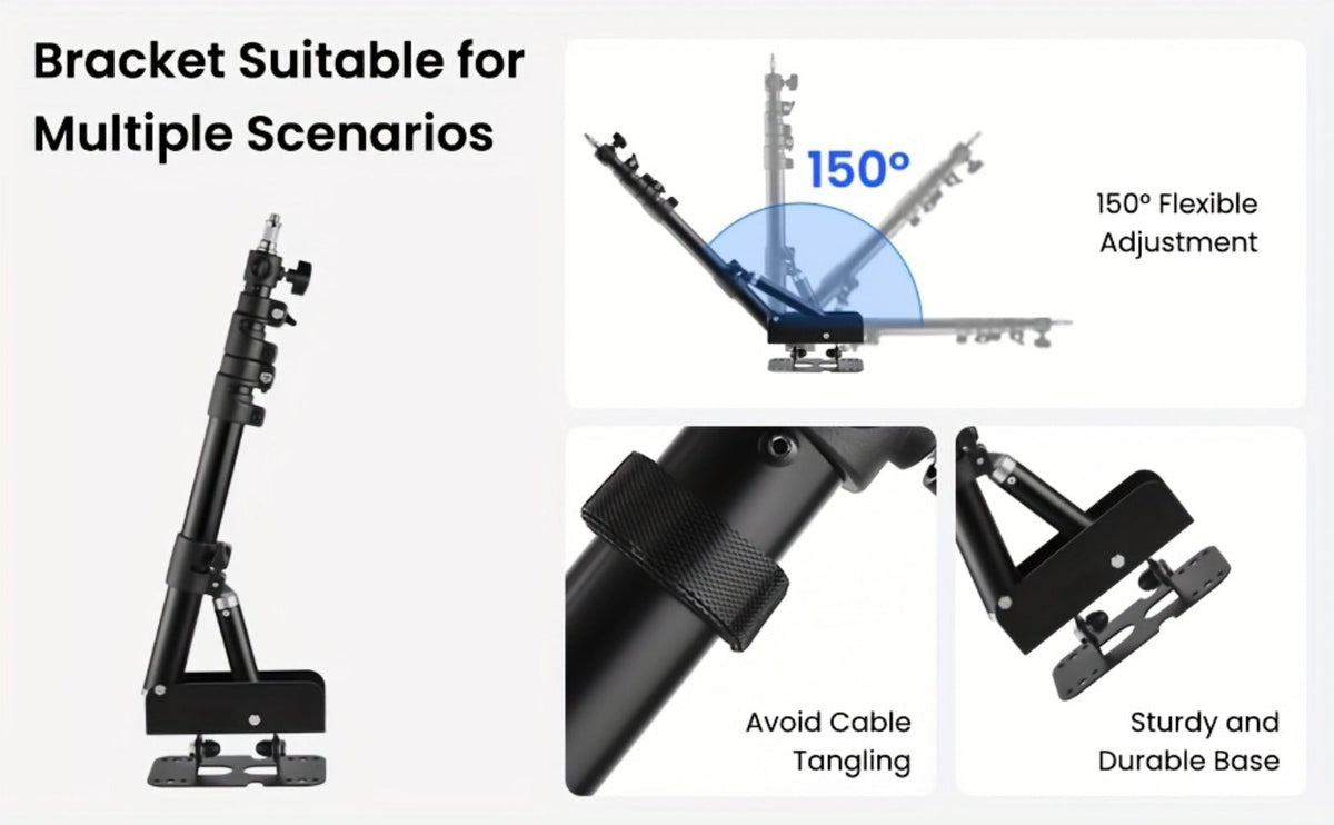 Wall-Mounted Ring Light with 45.7" Adjustable Boom Arm Stand | Alloy Triangle Wall Bracket for Photography Studio, Salon, Barber Shop, Tattoo Studio & Strobe Lighting