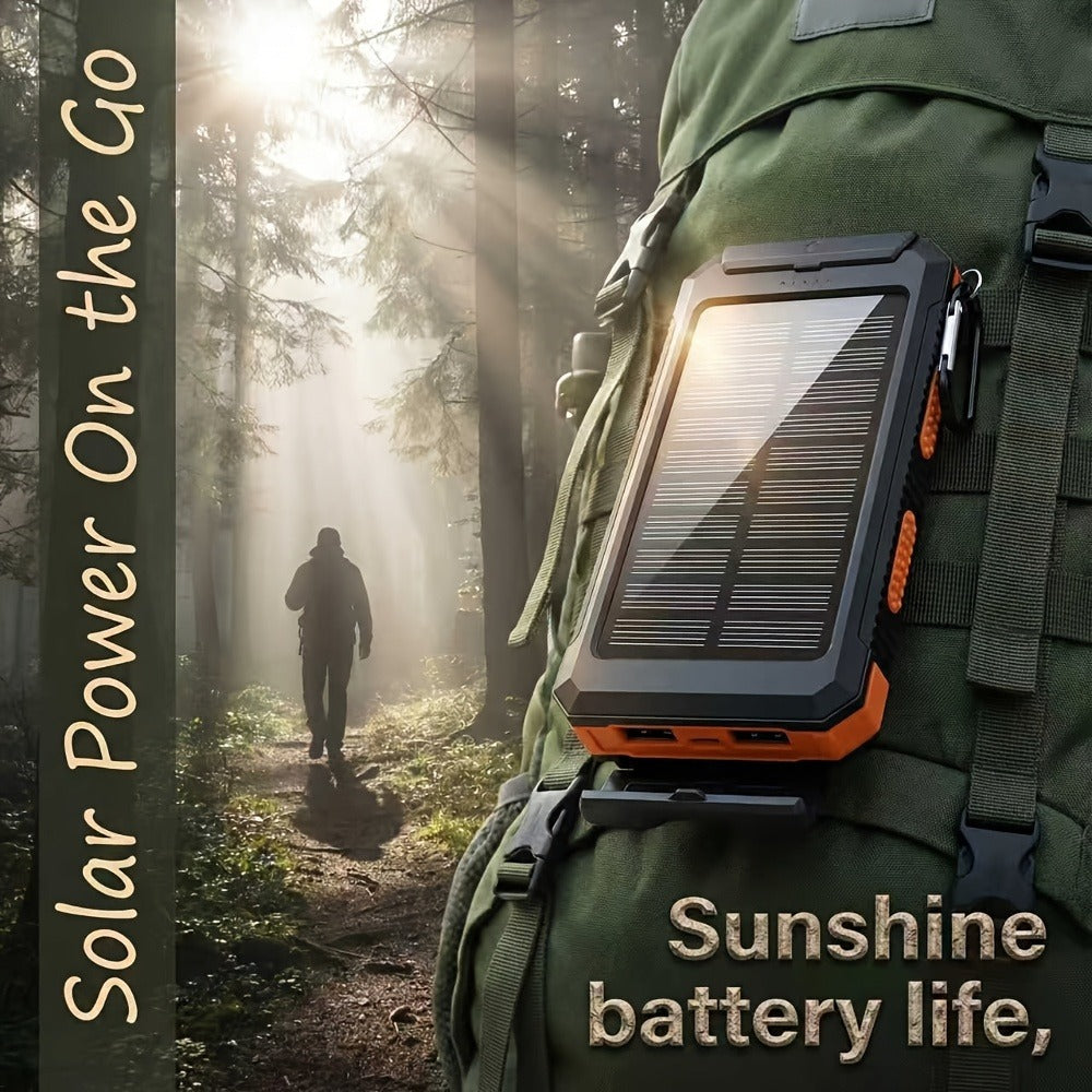 Solar Power Bank 20000mAh Portable Charger for Camping Hiking Outdoor Survival – Dual USB LED Flashlight Compass Emergency Battery Pack for iPhone Android – Black Orange
