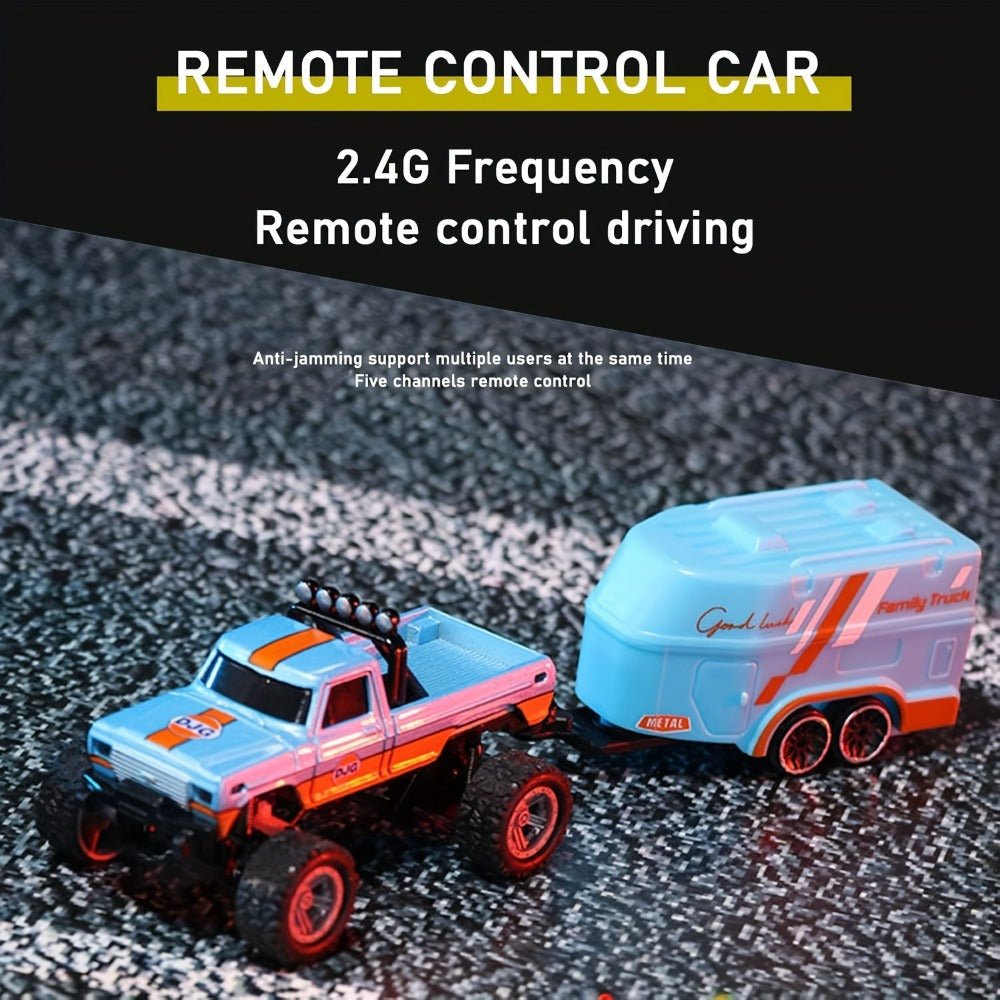 Mini RC Truck 1:64 Scale – 2.4GHz Alloy Off-Road Crawler with Detachable Trailer & LED Lights