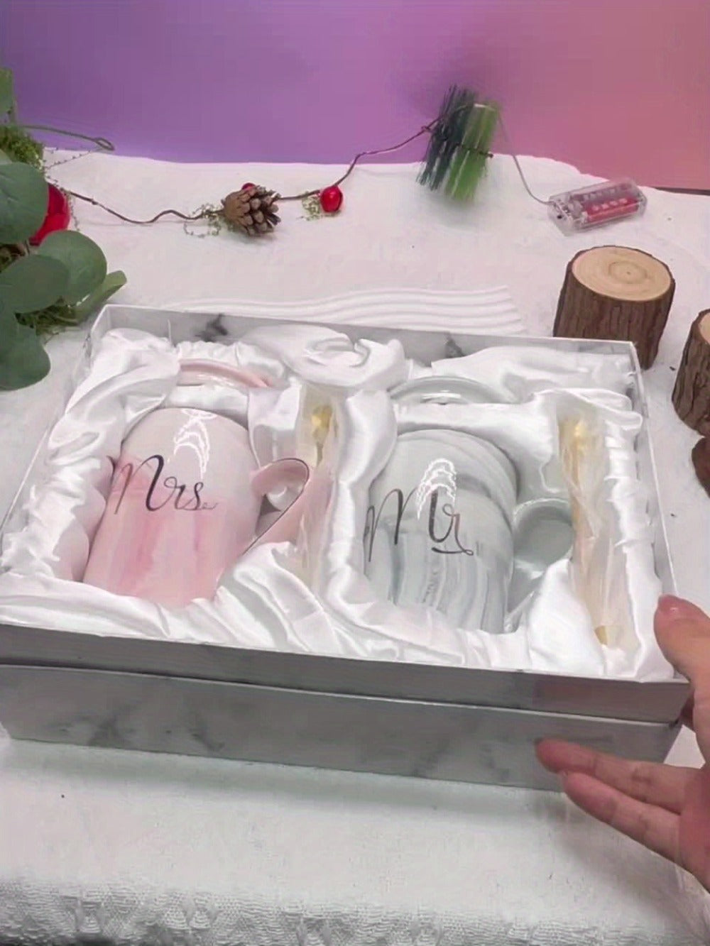 Mr and Mrs Mugs Wedding Gift Set 14oz Ceramic Marble – Bride and Groom Couples Mugs | Bridal Shower Engagement Anniversary Gift | Reusable Grey Pink Couple Coffee Mugs