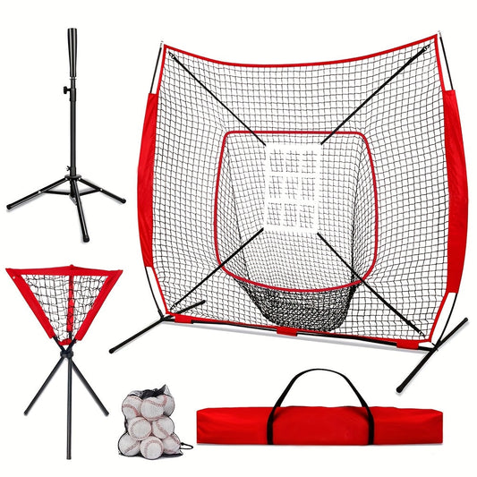 Baseball Practice Net, 7 × 7 ft, with Bow Frame, Batting Tee, 12 Baseballs and Bag