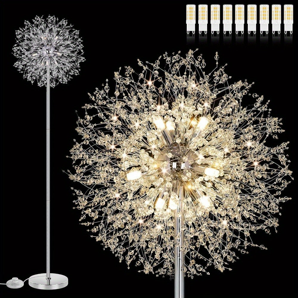 Crystal Floor Lamp Living Room 69 Inch Modern Standing Lamp – 738pcs K9 Crystals, 9 LED Bulbs, Antique Brass & Gold Finish, Tall Pole Light for Bedroom, Office & Mid Century Glam Decor