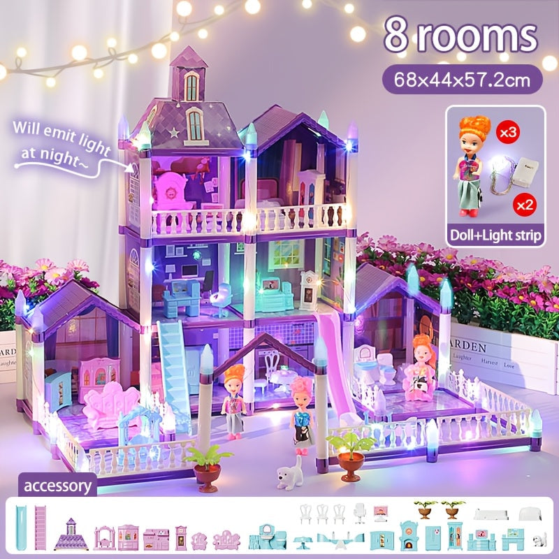 Purple LED Dollhouse Playset with 6 to 16 Room Options and Furniture