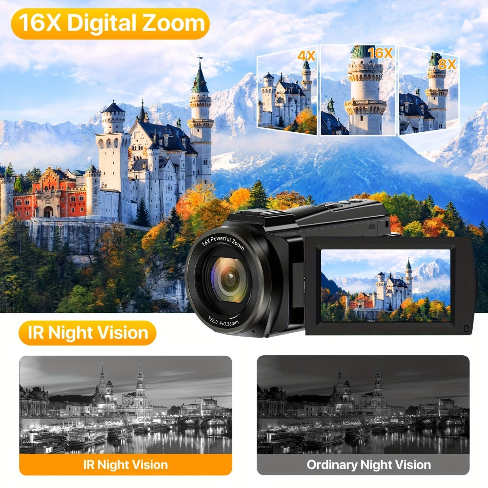 5K 30FPS Vlog Camera 48MP UHD WiFi with 16x Digital Zoom, IR Night Vision, 270° Rotatable Touch Screen & 6-Axis Stabilization - Outdoor Video Camera with Mic, Stand & Carry Bag