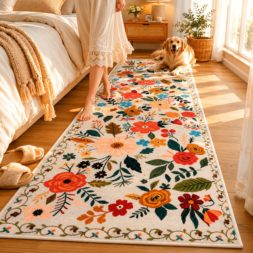 Bohemian Floral Plush Rug Non-Slip Machine Washable – Soft Floral Runner Mat for Bedroom, Kitchen, Bathroom, Entryway & Living Room – Easy Clean Indoor Home Decor Mat, 4 Sizes