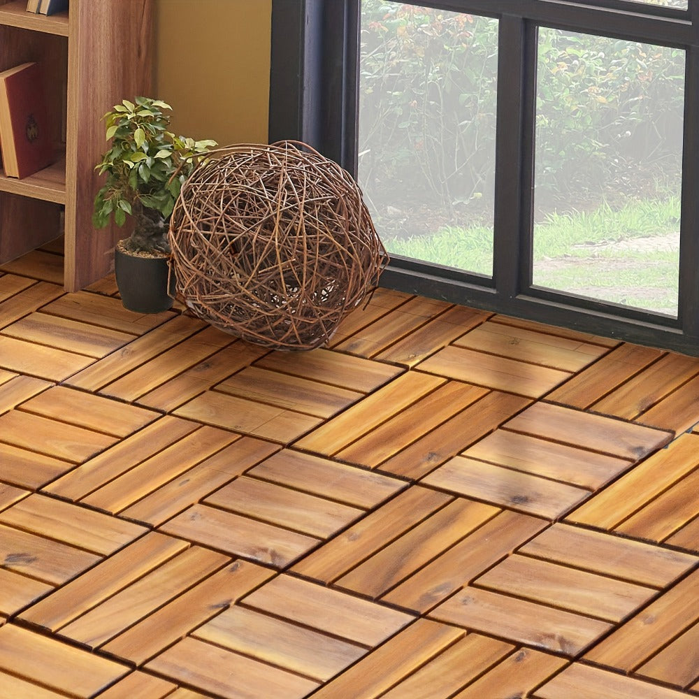 Interlocking Acacia Wood Deck Tiles 27-Pack – 12x12 Inch Oil-Finished Slat Tiles, Covers 27 Sq Ft, Tool-Free Install, for Patio, Balcony, Garden, Deck & Indoor Flooring