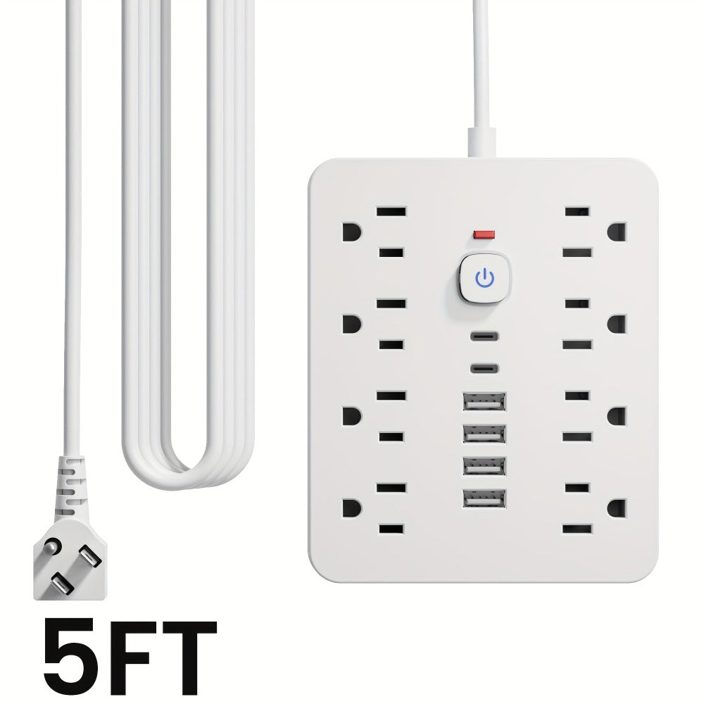 Flat Plug Wall Mount Power Strip 14-in-1 Surge Protector - 8 AC Outlets, 4 USB-A & 2 USB-C Ports, 5ft/10ft Extension Cord, Overload Protection, Desktop Charging for Home Office