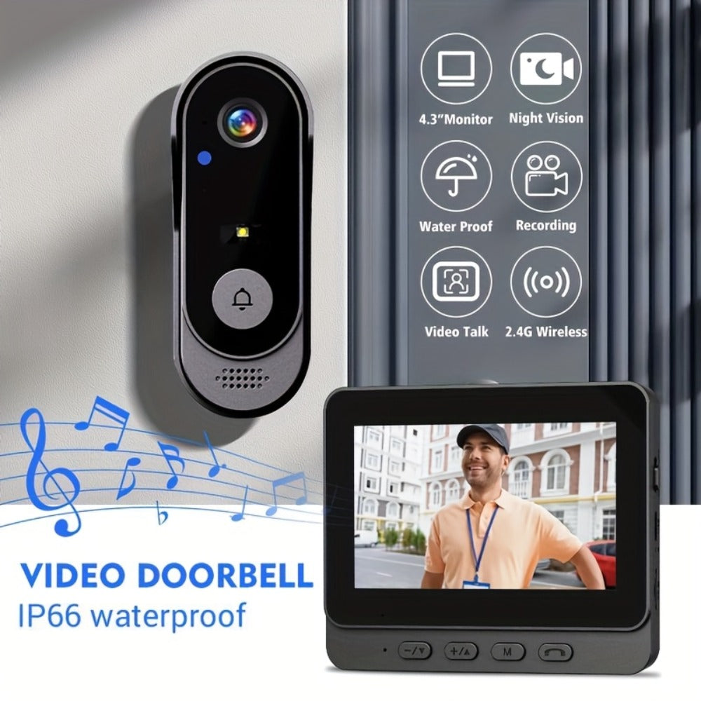 Wireless Doorbell with Monitor No WiFi No Subscription – 4.3" Screen, Two-Way Talk, Night Vision, 365-Day Standby, IP66 Waterproof, 128GB Auto Recording, No App No Monthly Fee