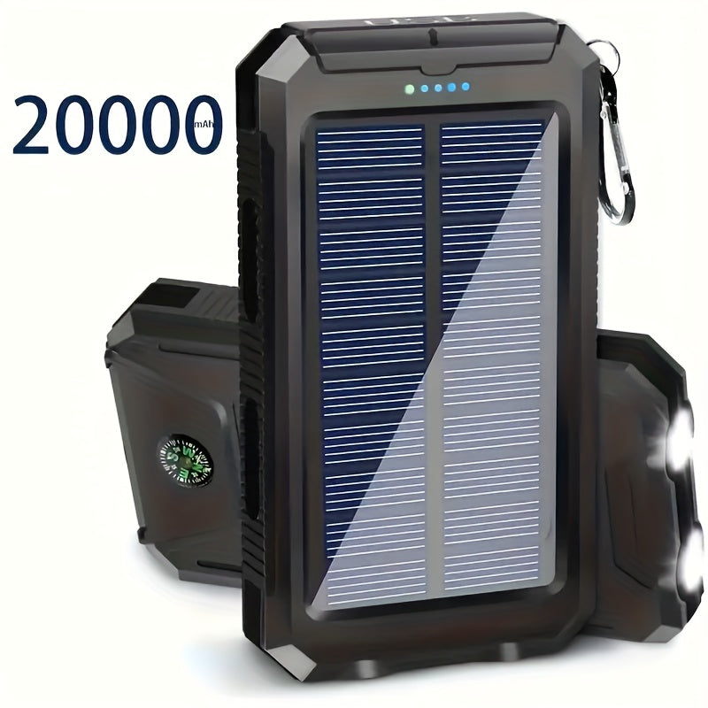 20000mAh Solar Power Bank with Built-In Flashlight & Compass – Dual USB Portable Charger for Camping Hiking Emergency Survival Outdoor Use, Compatible with All Mobile Devices, iPhone Android Samsung