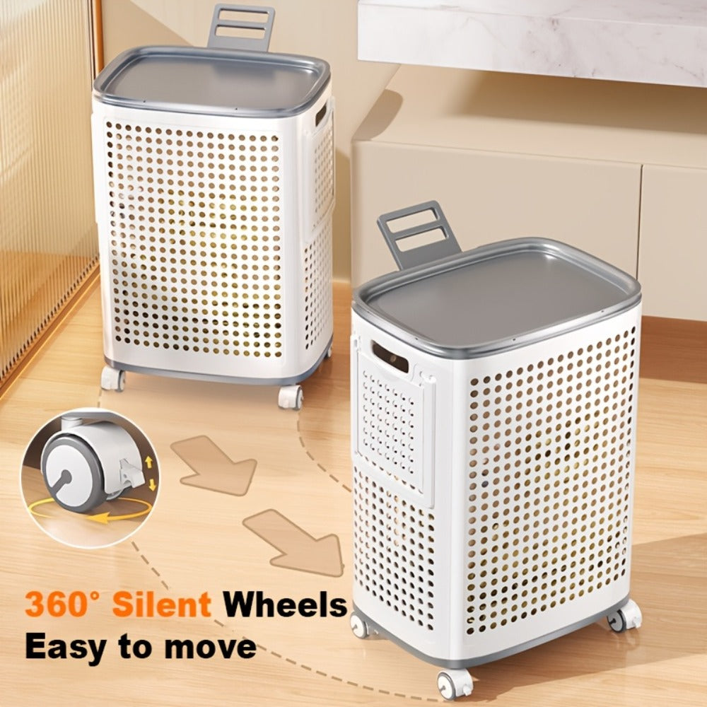 Rolling Laundry Basket with Lid and Wheels – Large Foldable Ventilated Storage Bin with Lockable Casters, Removable Inner Basket for Underwear, Space-Saving Clothes Hamper for Bedroom & Bathroom