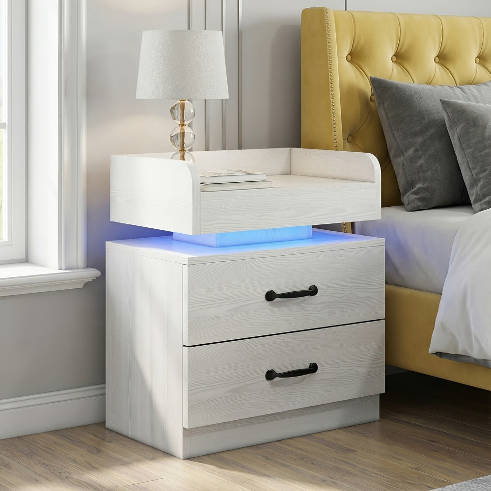 Bedside Table with Charging Station & LED Lights – Modern Wooden Nightstand with Drawer & Open Shelf | Black or White | 1pc or 2pcs Set | Bedroom Living Room End Table | Housewarming Gift