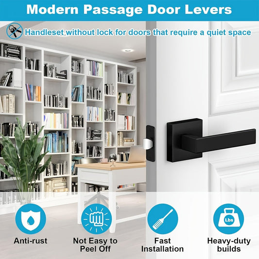 Matte Black Square Passage Door Handle for Hallways & Closets, Non-Locking