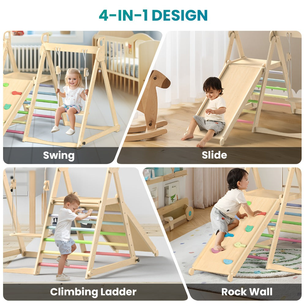 Foldable Indoor Wooden Jungle Gym for Toddlers – 4-in-1 Climbing Frame with Swing, Slide & Ladder | Ages 18M+ | Rainbow & Blue | Kids Indoor Playset for Cognitive Development & Active Play