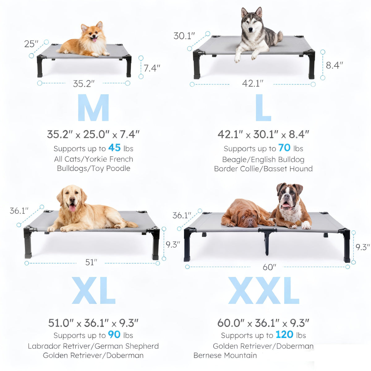 Elevated Dog Bed with Cooling Mesh & Metal Frame - Raised Dog Cot Bed with Washable Breathable Mesh, No-Slip Feet, Portable Dog Bed for Outdoor & Indoor Use, Available in 4 Sizes & 7 Colors
