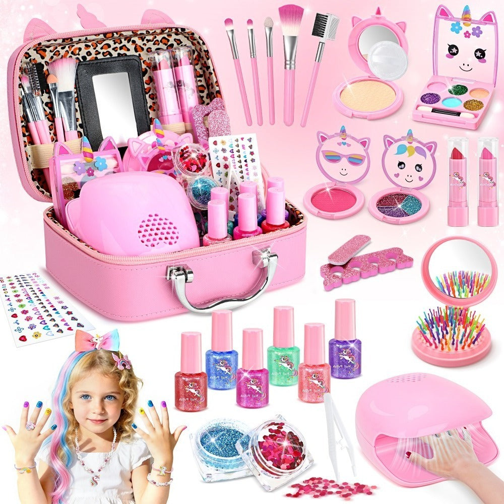 Kids Makeup Set for Girls – 2-in-1 Princess Makeup & Nail Art Kit with Mini Dryer & Accessories