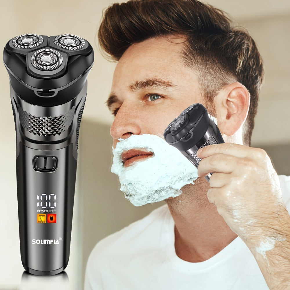 Men's Electric Rotary Shaver with 3D Flexible Floating Heads – USB Rechargeable Cordless Electric Razor with Adjustable Trimmer for Close Comfortable Shave, Dark Grey