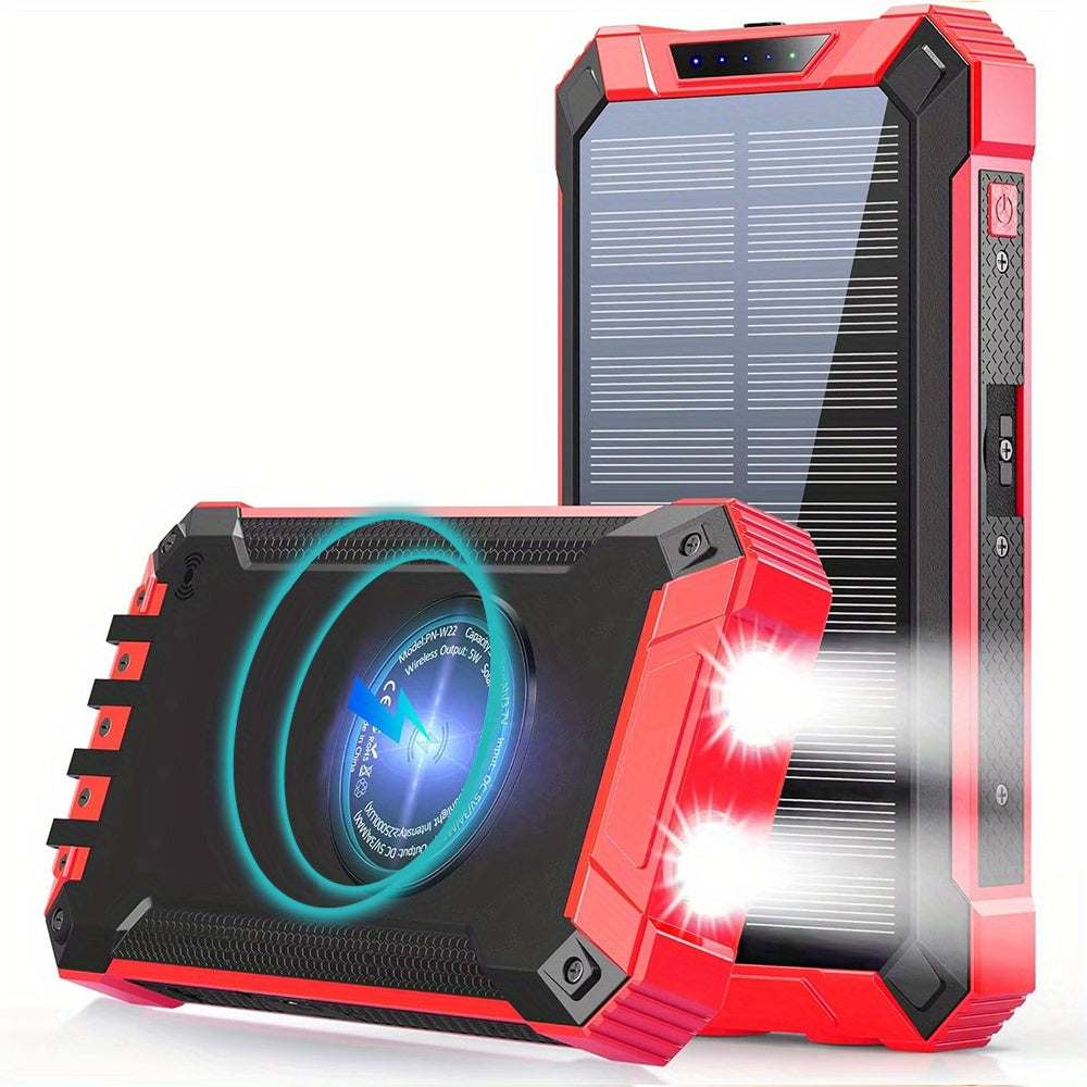 Solar Power Bank 46800mAh Wireless Charging 4 Built-in Cables Dual LED Flashlight 15W Fast Charge Outdoor Camping Hiking Emergency Battery Pack iPhone Android Red Green Blue Black Orange