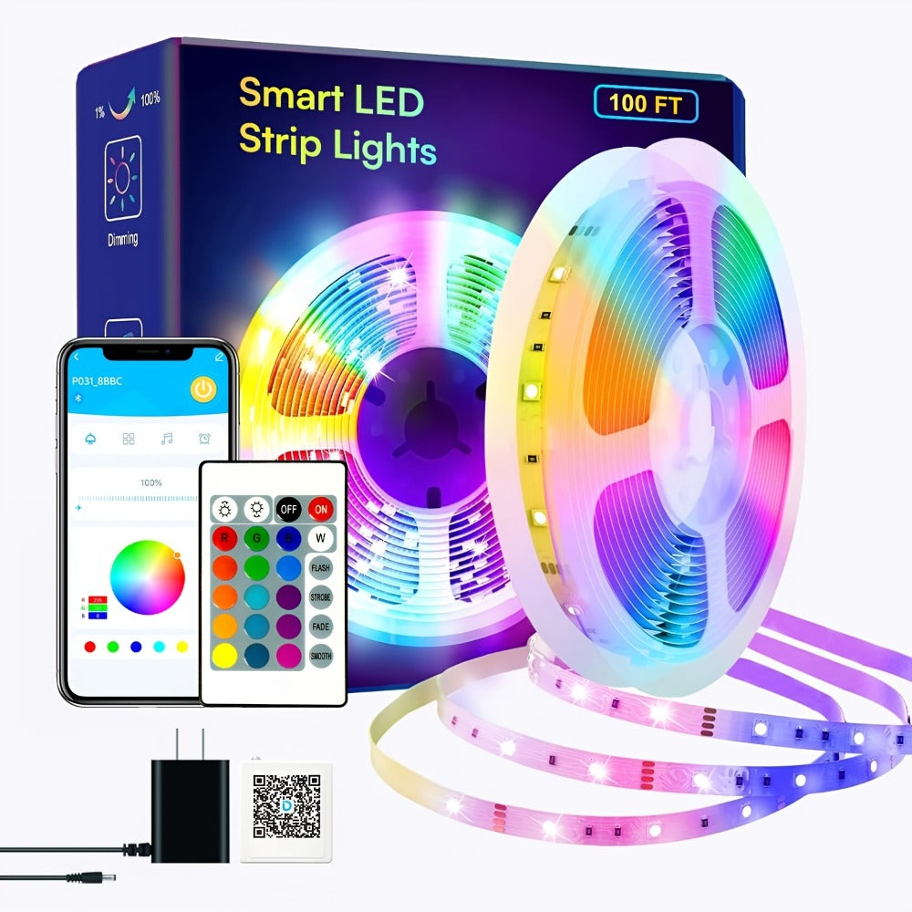 RGB LED Strip Lights 100FT 200FT Music Sync Color Changing with App Control & Remote - Smart Color Changing Light Strip for Bedroom Gaming Room Party Decor - Dimmable DIY Scene Lighting