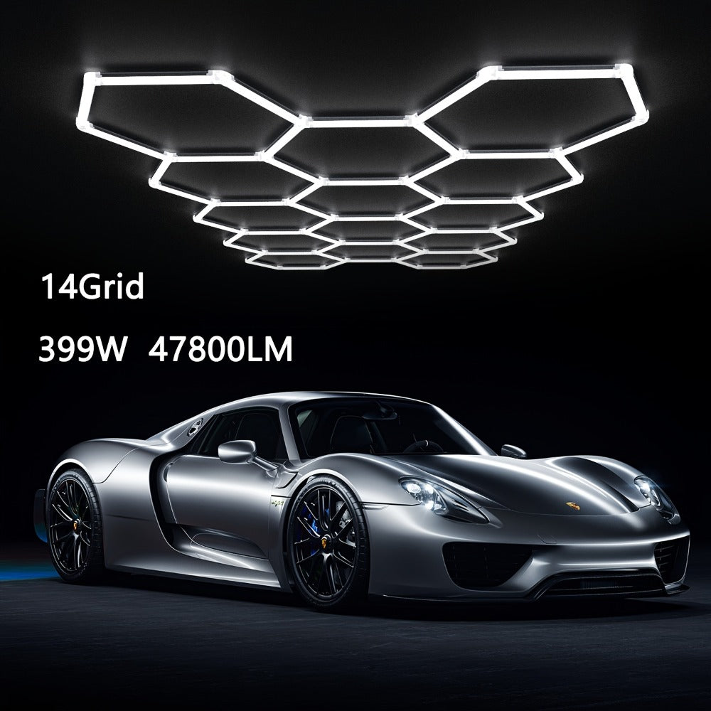 LED Hexagonal Garage Light 6500K – Super Bright Daylight White Shop Light 42W–620W for Auto Detailing, Warehouse, Workshop, Basement & Gym (1 to 32 Grids, Hex Frame Available)