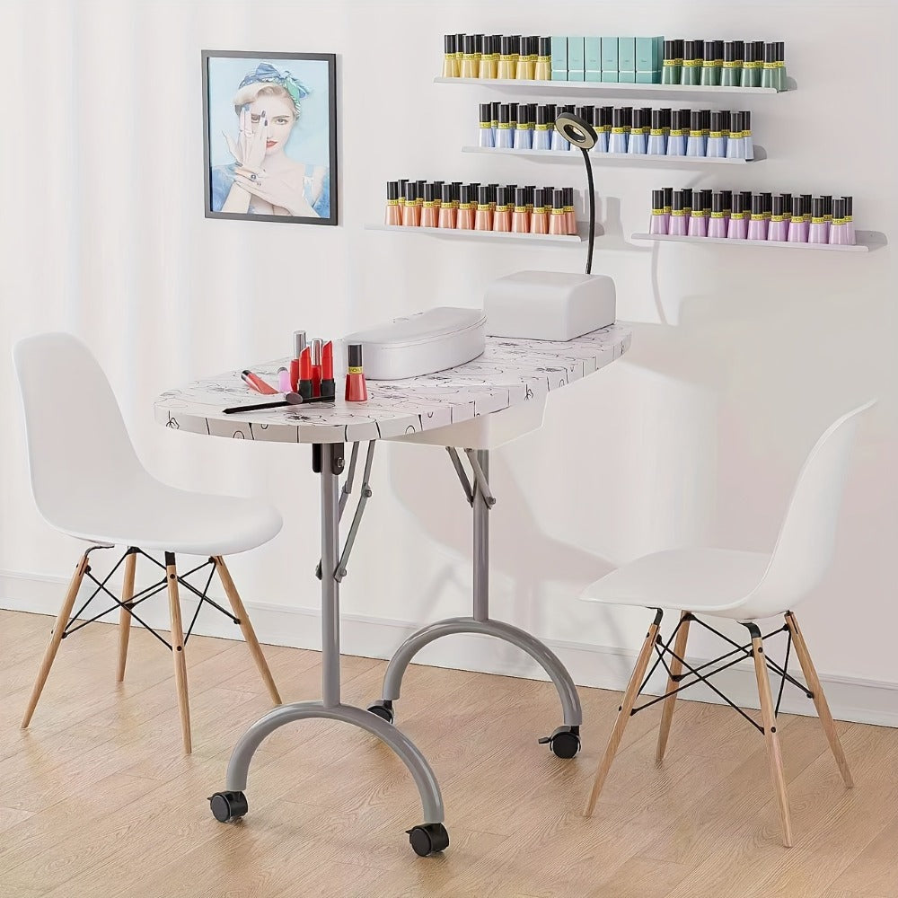 Foldable Nail Table with LED Lamp Drawer Lockable Wheels Wrist Cushion & Carrying Bag – Portable Manicure Station for Nail Salon Technician Home Studio White