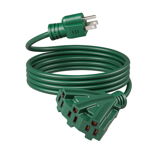 Extension Cord Splitter, Green 12ft 16/3 SJTW, 3 Outlets for Holiday Lighting
