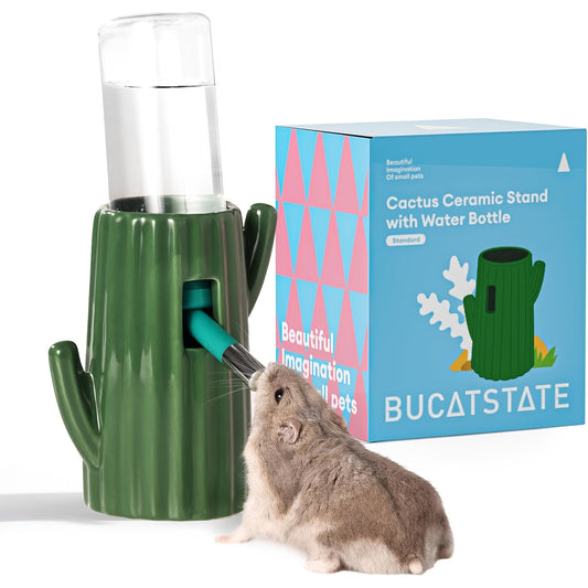 Ceramic Pet Water Bottle with Holder - BUCATSTATE Leakproof Small Animal Water Feeder for Hamsters Guinea Pigs Rabbits - Cute Cactus & Stump Design Cage Water Dispenser for Small Pets