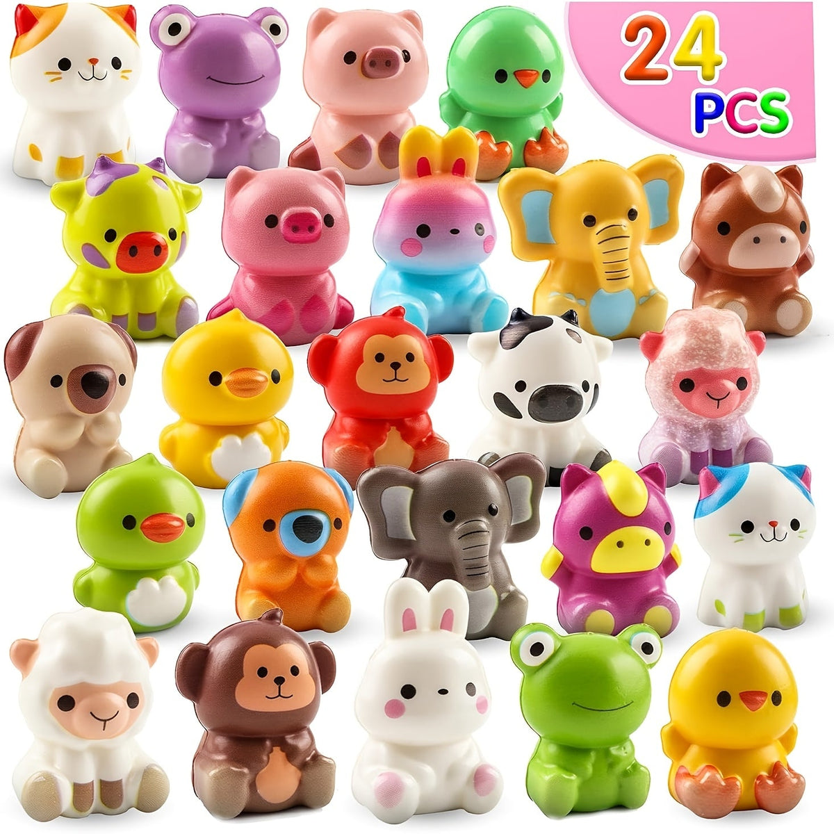 Cute Animal Soft Toys 24 Pcs – Mini Kawaii Animal Squeeze Toys for Kids Birthday Party Favors, Classroom Prizes, Valentine's Day Gifts, Goodie Bag Stuffers for Boys & Girls