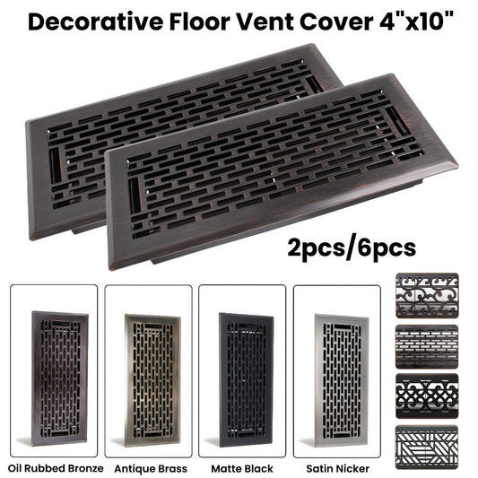 Floor Vent Registers, 4 x 10 Inch Steel 2-Pack with Adjustable Dampers and Decorative Designs