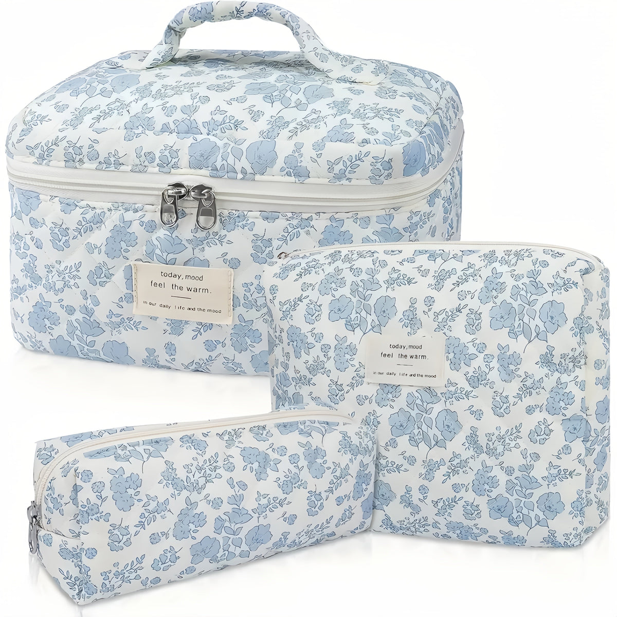 Quilted Makeup Bag Set 3 Pcs Floral Pattern Large Capacity Travel Cosmetic Organizer with Gold Zipper — Polyester Skincare Toiletry Pouch Blue Pink Peacock for Women