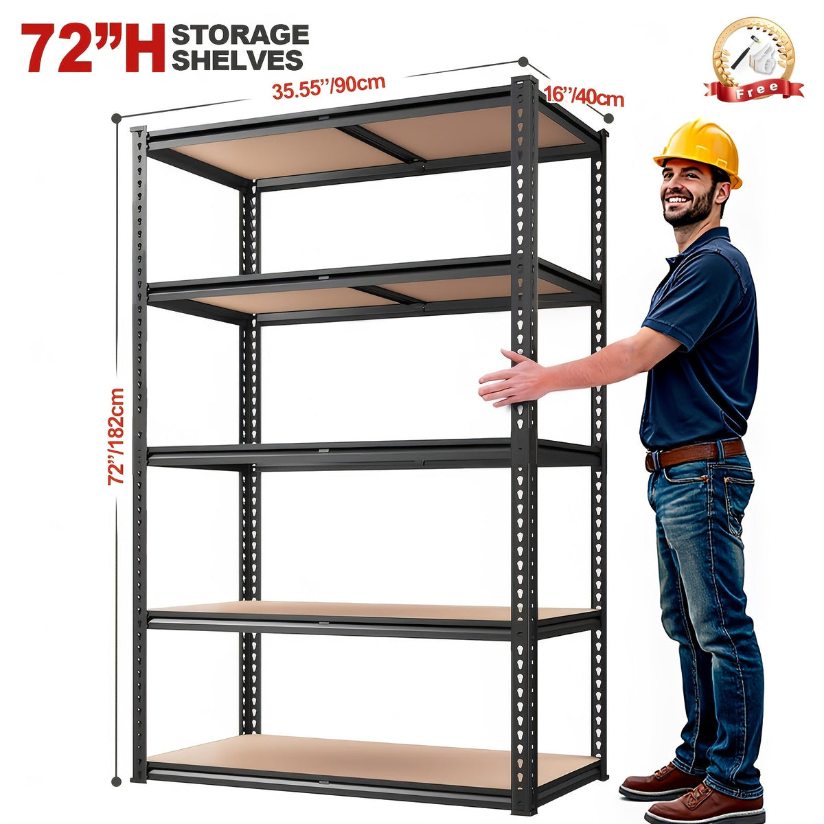 5-Tier Garage Shelving Unit 2000 lbs Capacity Heavy Duty Adjustable Storage Shelves 72"/60"H x 35.5"W x 16"D for Garage, Closet & Pantry Organization – Steel Rack Easy Assembly, Includes Gloves & Hammer