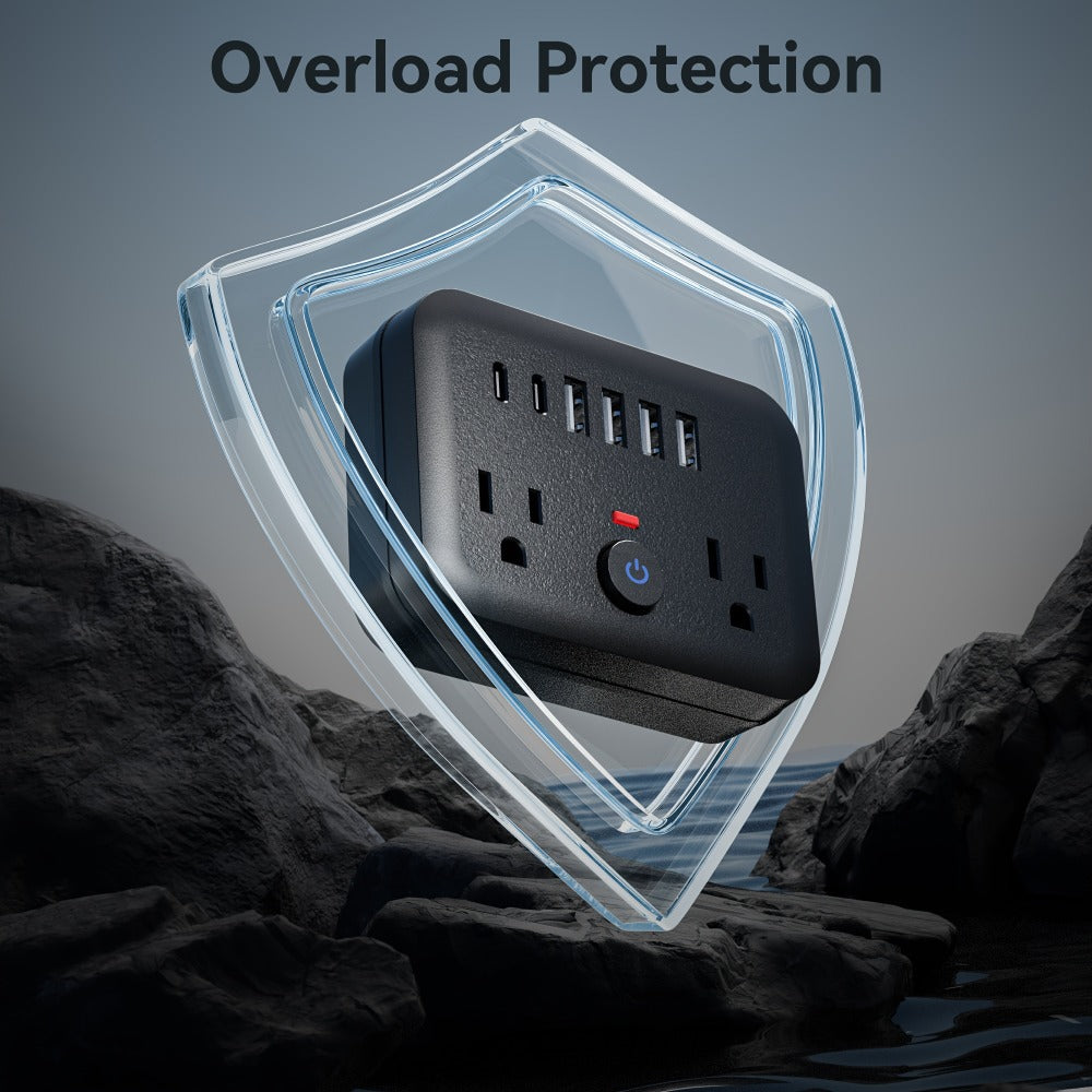 Compact Travel Surge Protector Power Strip 8-in-1 with 2 AC Outlets 4 USB-A Ports 2 USB-C Jacks Overload Protection Wall Mount Mini Portable Charging Station for Home Office Travel – Black or White