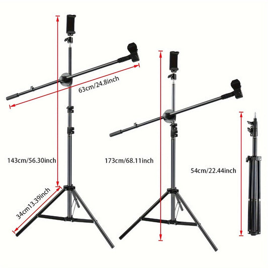 Tripod Microphone Stand with Adjustable Boom Arm, Dual Mic Clips and Phone Holder