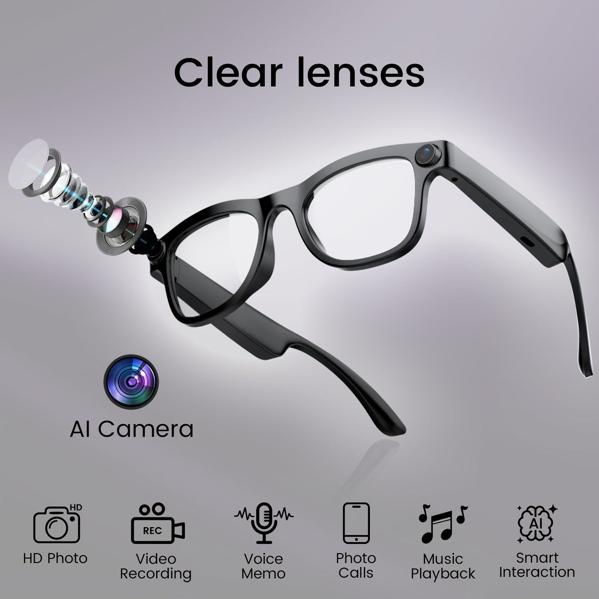 AI Smart Glasses Real-Time Voice Translation 100+ Languages - 2MP HD Camera, Bluetooth Calling & Music, Hands-Free Recording, Black & Clear Lens, Wearable Tech