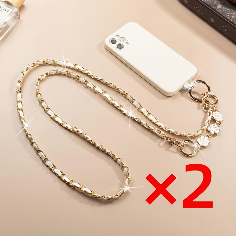 Crossbody Phone Strap Long Chain Pearl Camellia Metal Charm Elegant Lanyard for Women Girls – Clip-On Universal Fit iPhone Samsung Black White 2-5pcs Gift Set