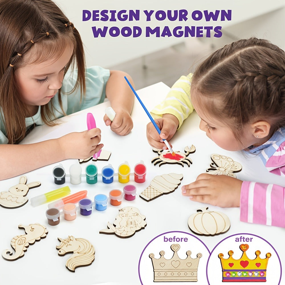 DIY Wooden Magnet Craft Kit, 30 Pieces, Glow-in-the-Dark Paint