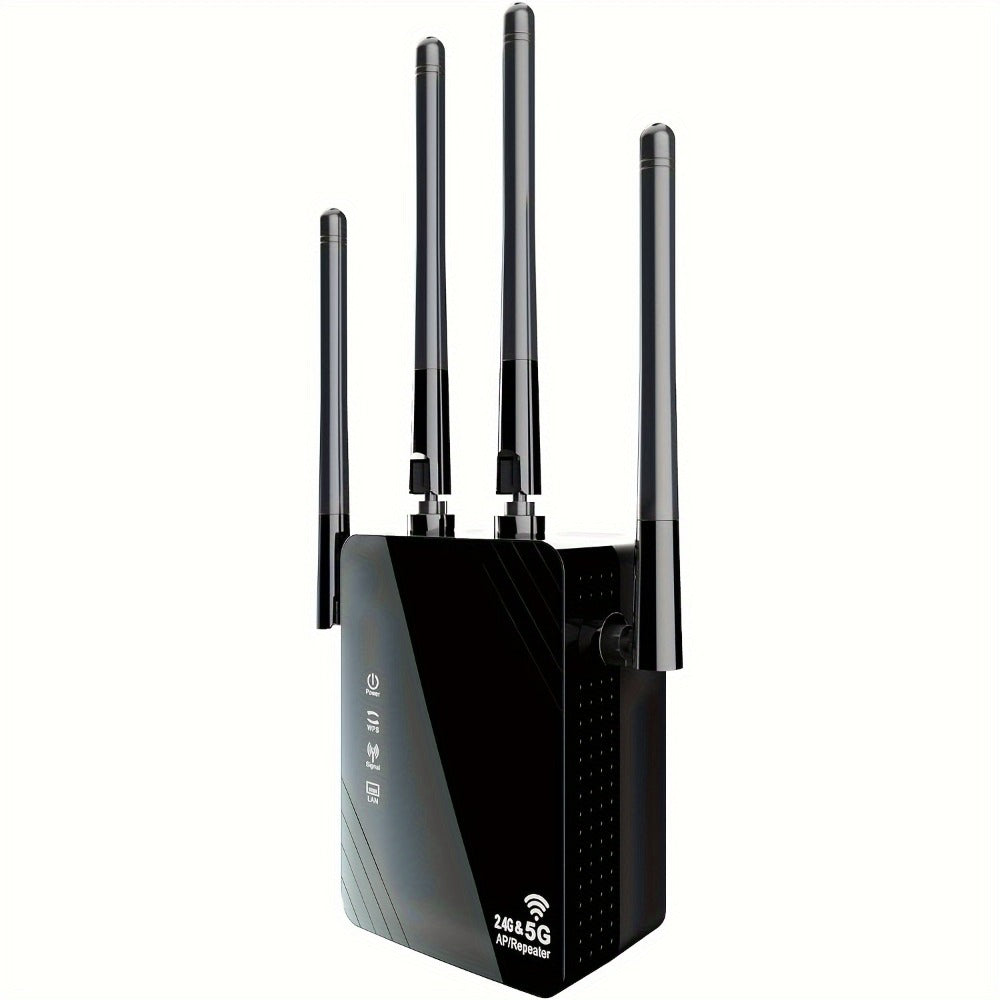 10000 Sq Ft WiFi Extender 1200Mbps 4-Mode - Dual Band 2.4GHz & 5GHz, 4 Antennas 360° Coverage, 6X Signal Boost, Penetrates Walls, 35 Devices, Repeater Access Point Router WISP, 1-Tap Setup, Black