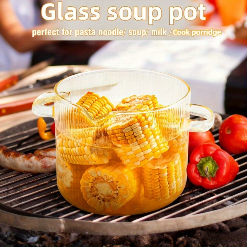 Glass Saucepan Set 2-Pack Stovetop Safe Borosilicate Ribbed Pots with Lids – 78oz & 54oz Heat Resistant Cookware for Soup, Ramen, Milk | Transparent Glass Pot Kitchen Cooking Set with Baking Mat