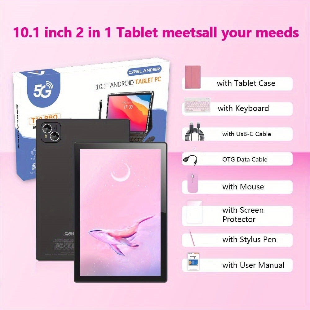 Pink 2-in-1 Android Tablet 10.1 Inch 6GB RAM 128GB ROM 5G WiFi with Keyboard Mouse Case Stylus Pen Dual Camera Type-C Touch Screen Portable Tablet PC Bundle for Work Study Women Teens
