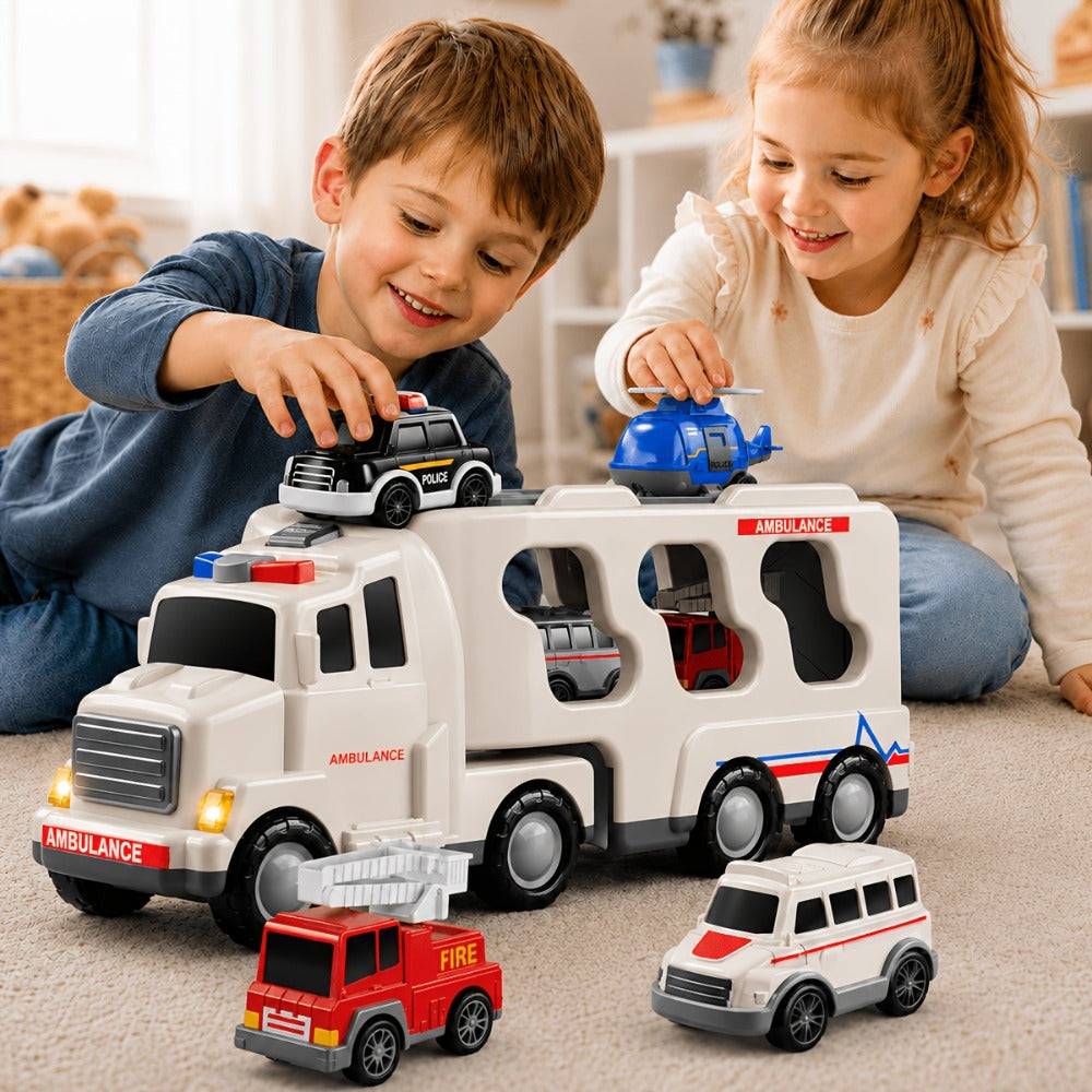 Ambulance Carrier Truck Toy Set, 5-in-1 with Lights, Sound and Rescue Vehicles