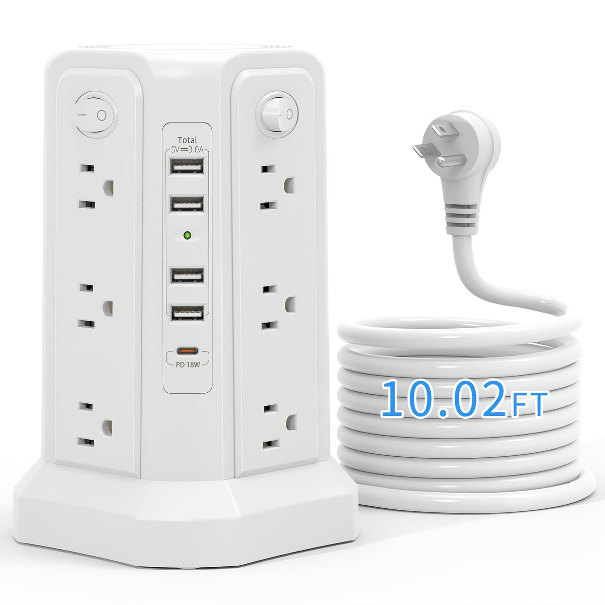 Surge Protector Power Strip Tower with 12 AC Outlets 5 USB Ports 8.8FT Extension Cord Night Light 4 Individual Switches Overload Protection for Home Office Desk Dorm Room