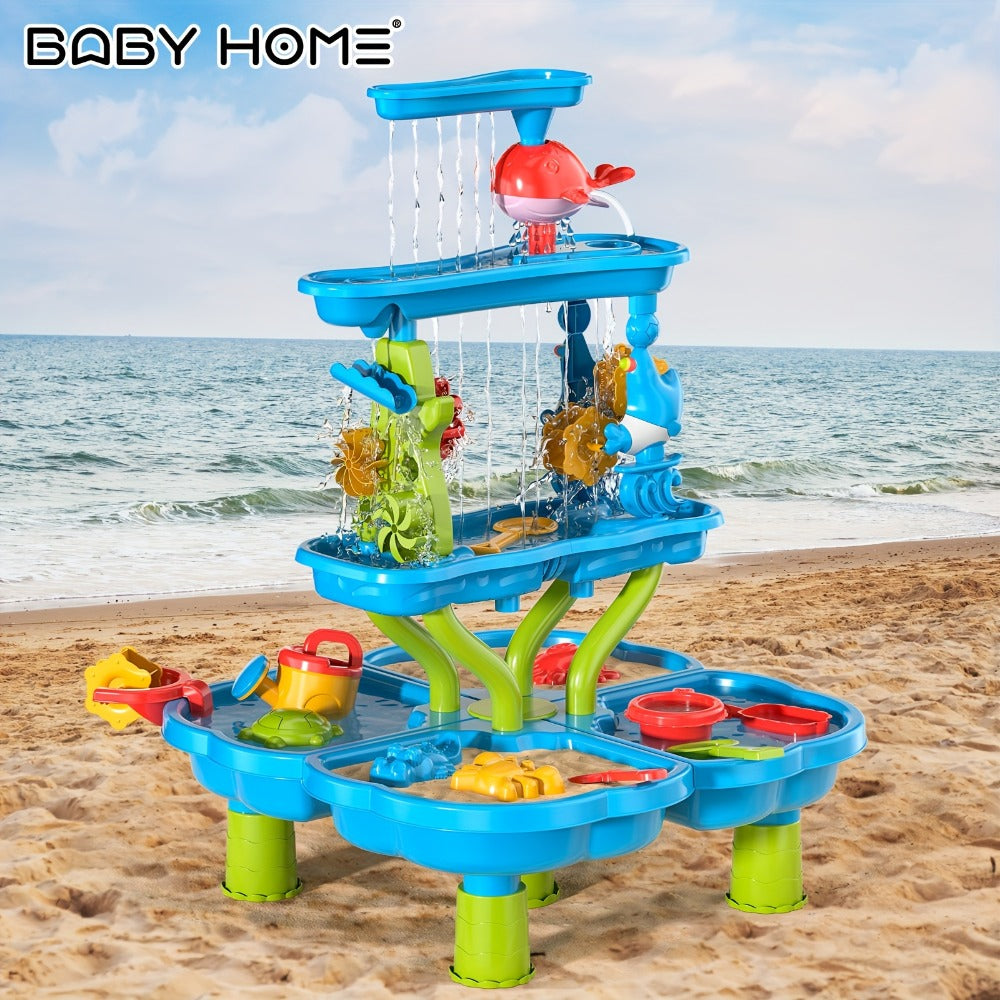 Kids Water and Sand Play Table with Double-Sided Waterfall and Beach Zone