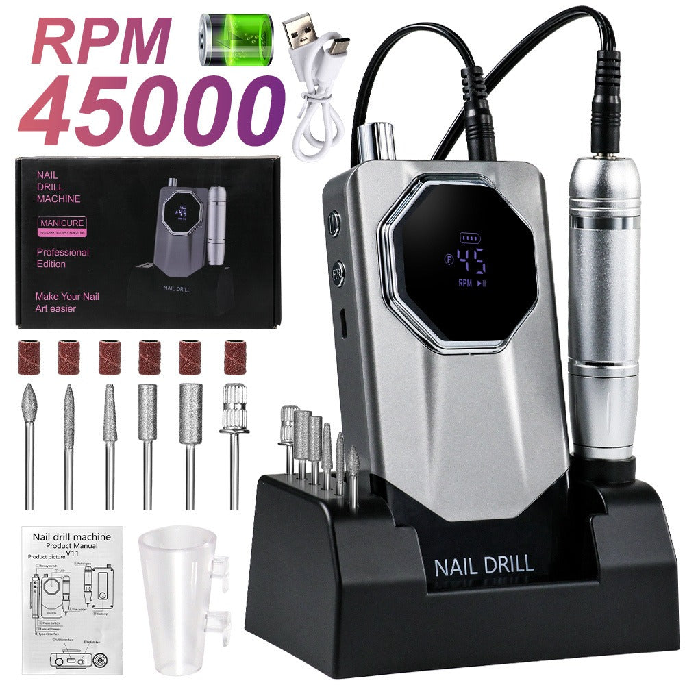 Electric Nail Drill Kit 45000 RPM LCD Display USB Rechargeable Portable E-File Acrylic Gel Removal Polishing Forward Reverse Low Noise Home Salon Manicure Pedicure Gradient Grey White