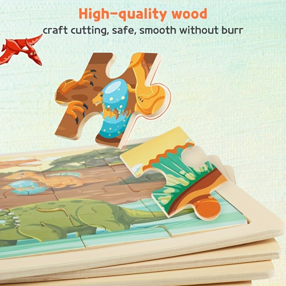 Dinosaur Wooden Jigsaw Puzzle Set for Kids, 4 Puzzles with 24 Pieces Each